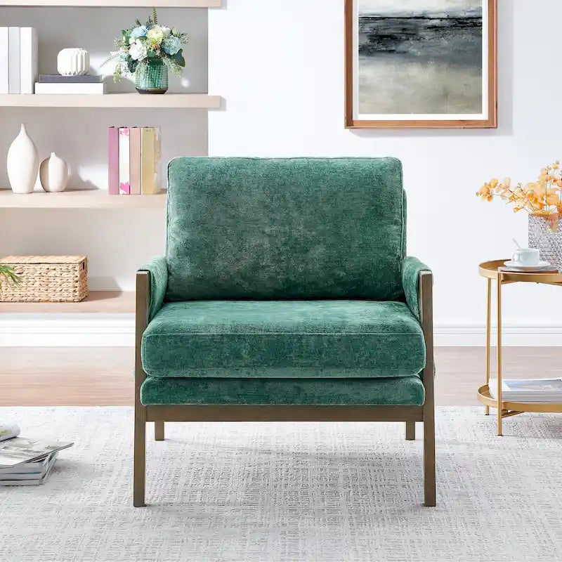 Fauteuil en velours vert 35,4 cm avec structure en bois d'hévéa massif