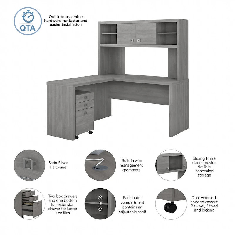 Bureau d'angle Echo avec étagère et tiroirs, par Bush Business Furniture