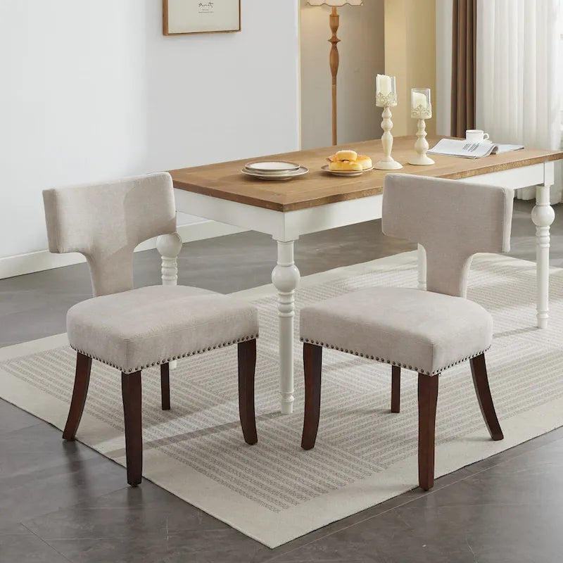 Ensemble de 2 chaises de salle à manger modernes, chaises d'appoint rembourrées en lin, dossier incurvé, structure en bois d'hévéa