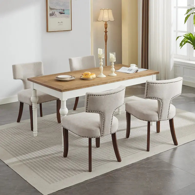 Ensemble de 2 chaises de salle à manger modernes, chaises d'appoint rembourrées en lin, dossier incurvé, structure en bois d'hévéa