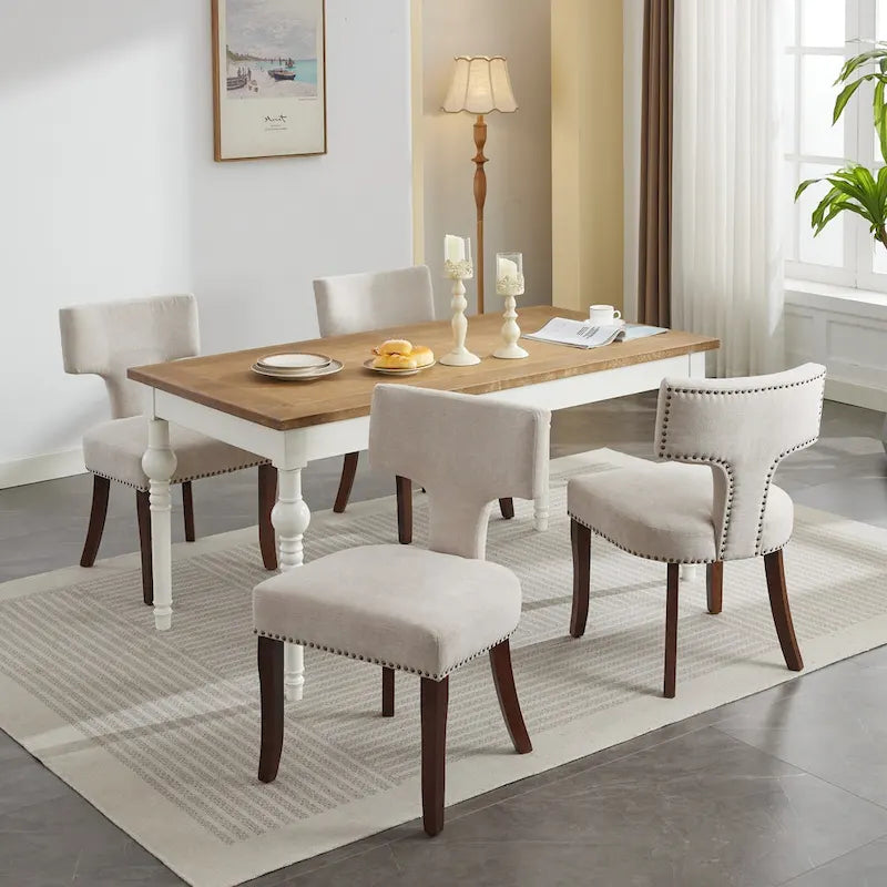 Ensemble de 2 chaises de salle à manger modernes, chaises d'appoint rembourrées en lin, dossier incurvé, structure en bois d'hévéa