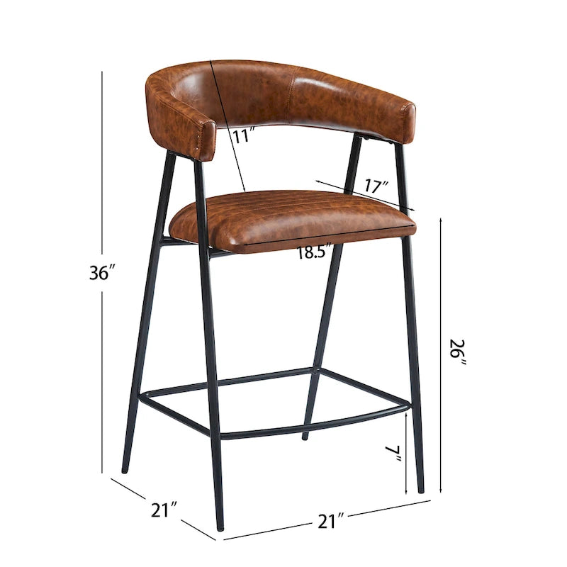 Tabourets de bar Roomfitters 26 pouces, revêtement PU, lot de 2, hauteur bar, structure en fer, dossier, repose-pieds et accoudoirs, marron