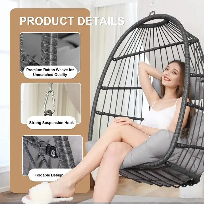 Fauteuil suspendu œuf de luxe FINCATI pour intérieur (sans support), fauteuil suspendu œuf d'extérieur (supportant jusqu'à 159 kg) sans support, balancelle œuf sans support