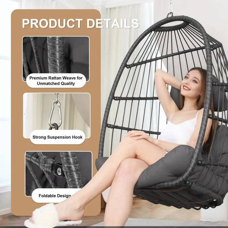Fauteuil suspendu œuf de luxe FINCATI pour intérieur (sans support), fauteuil suspendu œuf d'extérieur (supportant jusqu'à 159 kg) sans support, balancelle œuf sans support