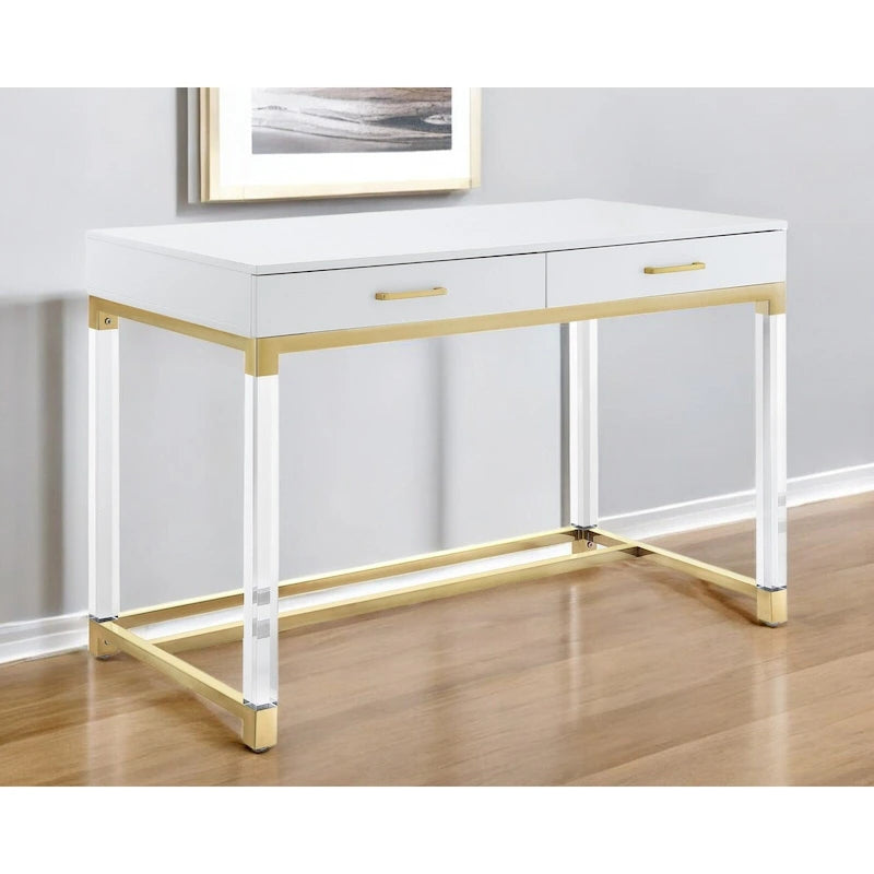 Bureau HomeRoots 48 en bois, acrylique et acier inoxydable, blanc, transparent et doré, avec deux tiroirs