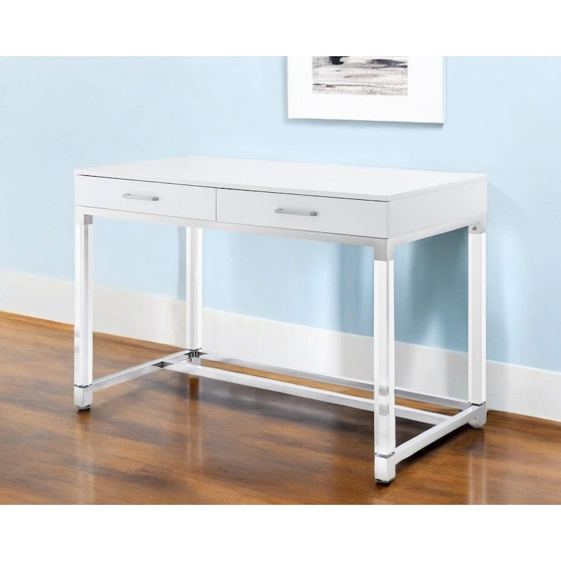 Bureau HomeRoots 48 en bois, acrylique et acier inoxydable, blanc, transparent et doré, avec deux tiroirs