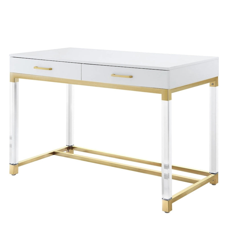 Bureau HomeRoots 48 en bois, acrylique et acier inoxydable, blanc, transparent et doré, avec deux tiroirs