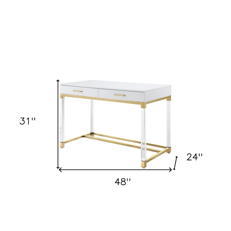 Bureau HomeRoots 48 en bois, acrylique et acier inoxydable, blanc, transparent et doré, avec deux tiroirs