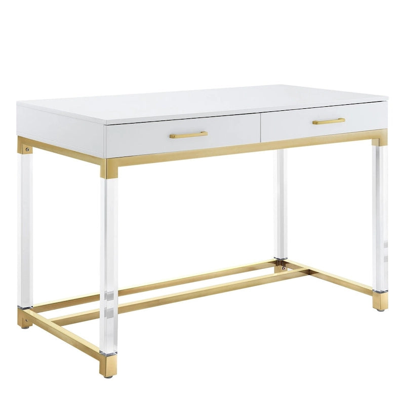 Bureau HomeRoots 48 en bois, acrylique et acier inoxydable, blanc, transparent et doré, avec deux tiroirs