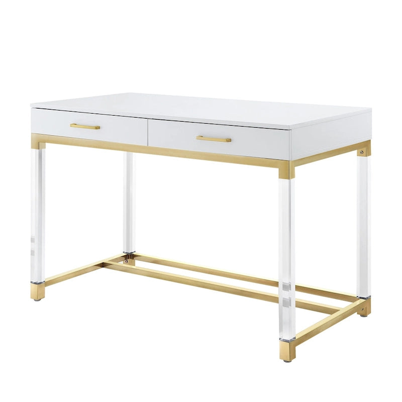 Bureau HomeRoots 48 en bois, acrylique et acier inoxydable, blanc, transparent et doré, avec deux tiroirs