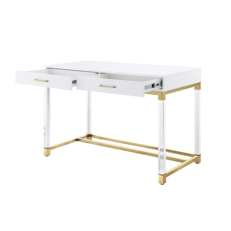 Bureau HomeRoots 48 en bois, acrylique et acier inoxydable, blanc, transparent et doré, avec deux tiroirs