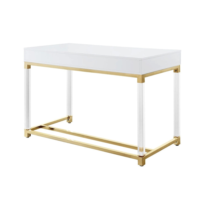 Bureau HomeRoots 48 en bois, acrylique et acier inoxydable, blanc, transparent et doré, avec deux tiroirs