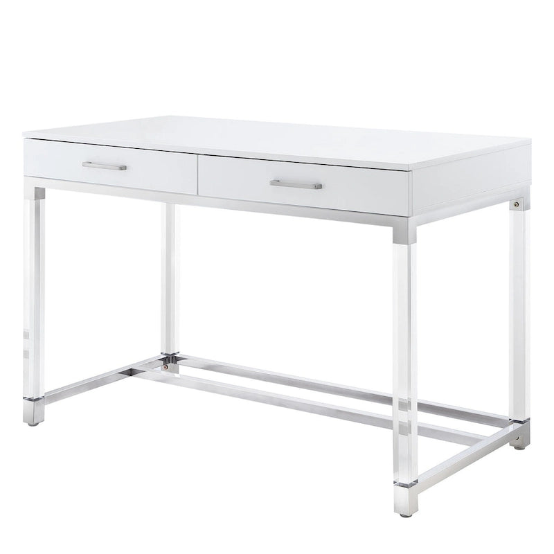 Bureau HomeRoots 48 en bois, acrylique et acier inoxydable, blanc, transparent et doré, avec deux tiroirs