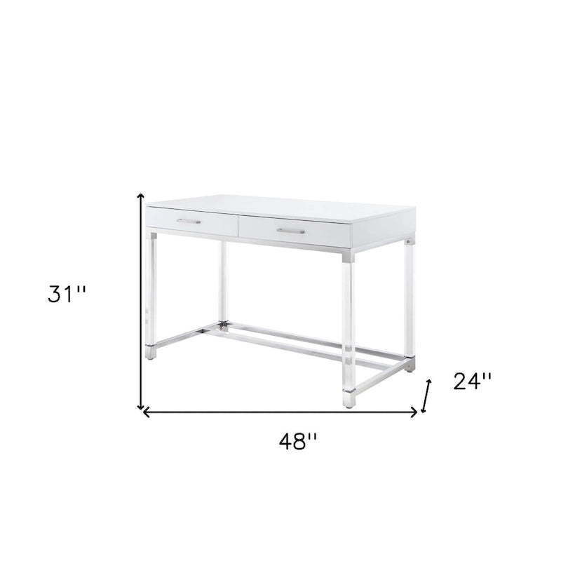 Bureau HomeRoots 48 en bois, acrylique et acier inoxydable, blanc, transparent et doré, avec deux tiroirs