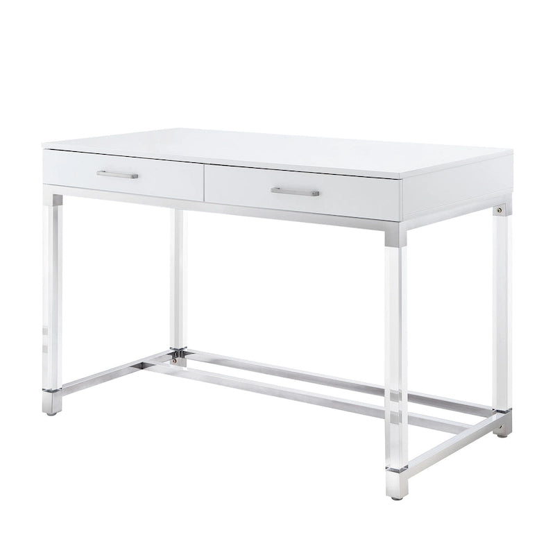 Bureau HomeRoots 48 en bois, acrylique et acier inoxydable, blanc, transparent et doré, avec deux tiroirs