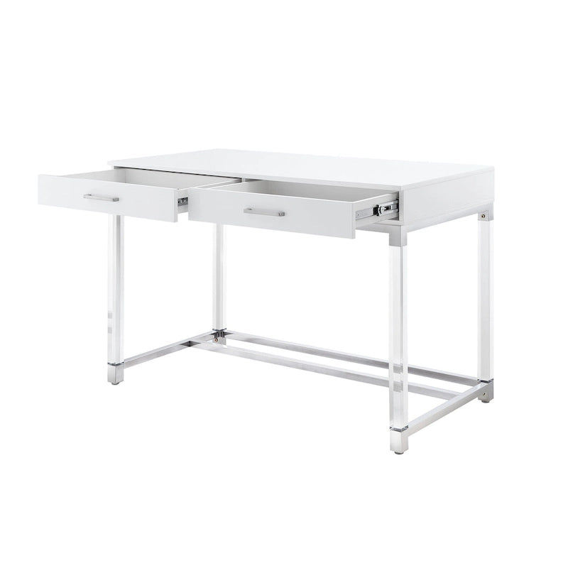 Bureau HomeRoots 48 en bois, acrylique et acier inoxydable, blanc, transparent et doré, avec deux tiroirs