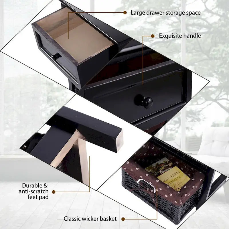 Table de chevet Costway noire à 3 niveaux et 1 tiroir, avec organiseur.