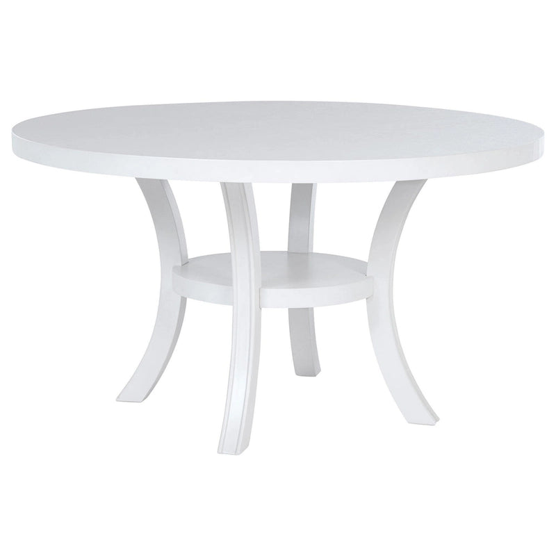 Judy Round Dining Table with Shelf and Flared Legs, White Wood 54 Inch