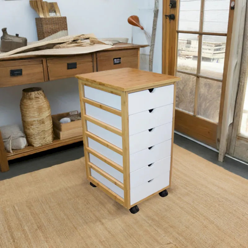 Chariot de rangement à roulettes à 6 tiroirs avec cadre en bambou massif