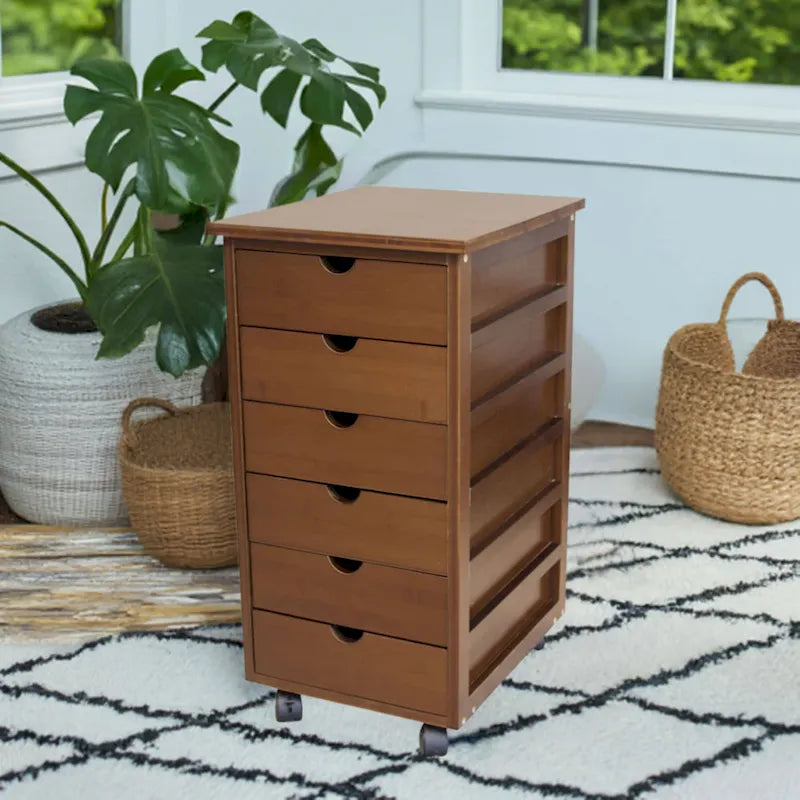 Chariot de rangement à roulettes à 6 tiroirs avec cadre en bambou massif