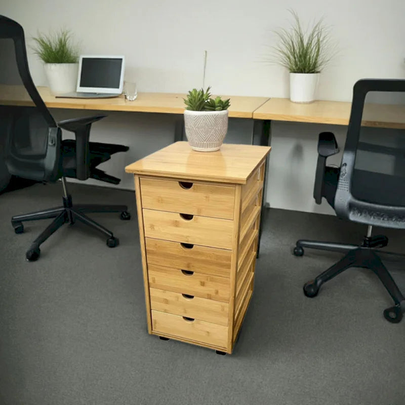 Chariot de rangement à roulettes à 6 tiroirs avec cadre en bambou massif