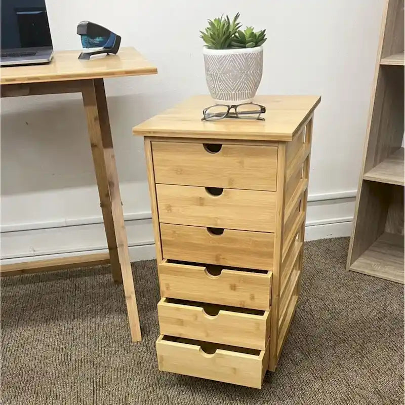 Chariot de rangement à roulettes à 6 tiroirs avec cadre en bambou massif