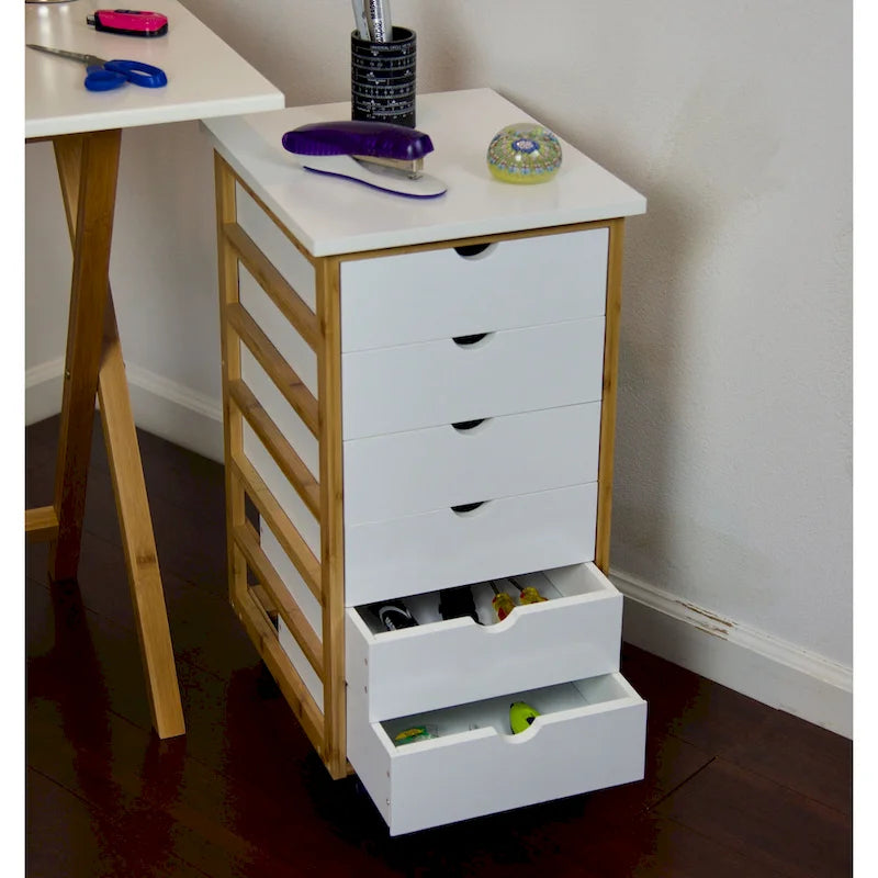 Chariot de rangement à roulettes à 6 tiroirs avec cadre en bambou massif