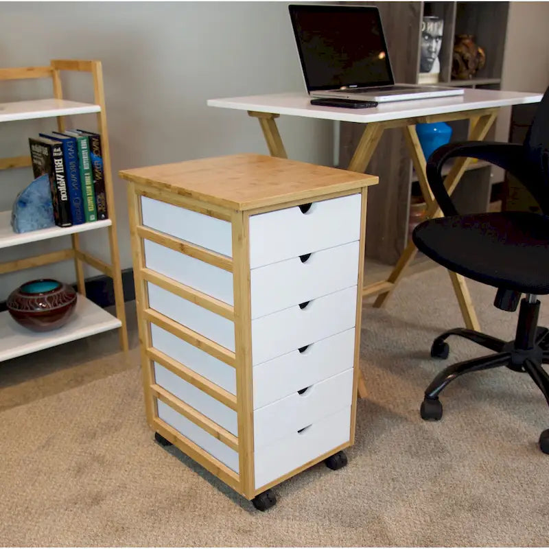 Chariot de rangement à roulettes à 6 tiroirs avec cadre en bambou massif