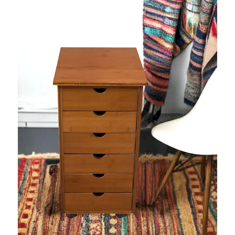 Chariot de rangement à roulettes à 6 tiroirs avec cadre en bambou massif