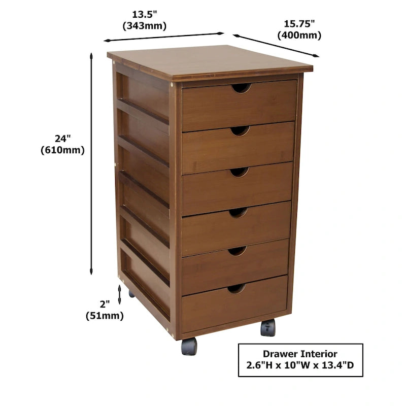 Chariot de rangement à roulettes à 6 tiroirs avec cadre en bambou massif