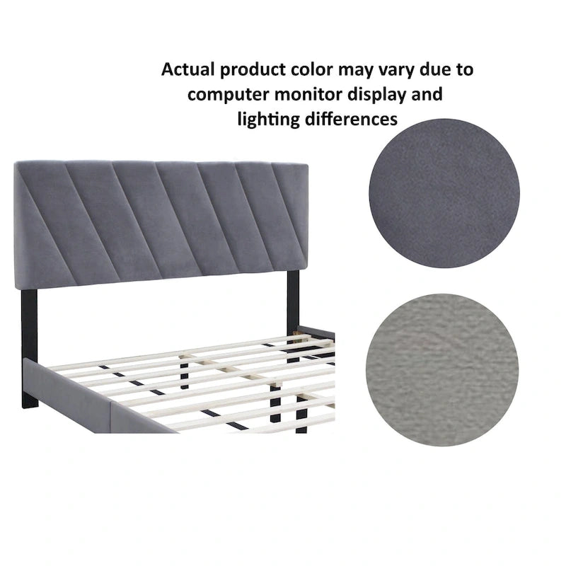 Lit plateforme rembourré réglable de style moderne gris, format queen, pour chambre à coucher