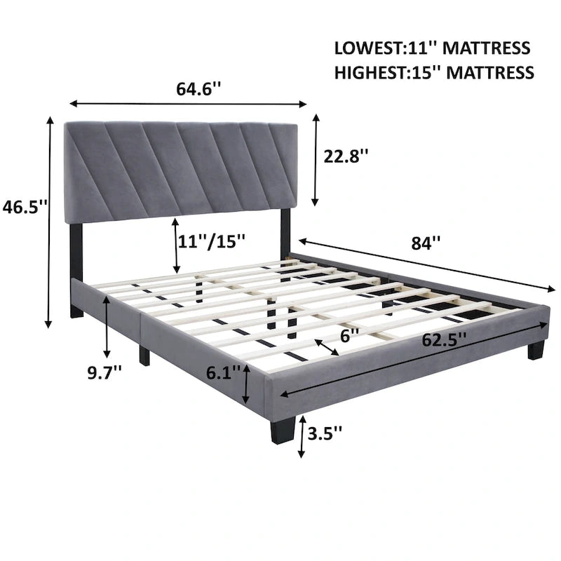 Lit plateforme rembourré réglable de style moderne gris, format queen, pour chambre à coucher
