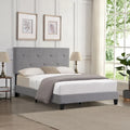 Grey Linen Upholstered Full Size Platform Bed with Pull Point Tufted Headboard, Strong Wood Slat Support, No Box Spring Needed