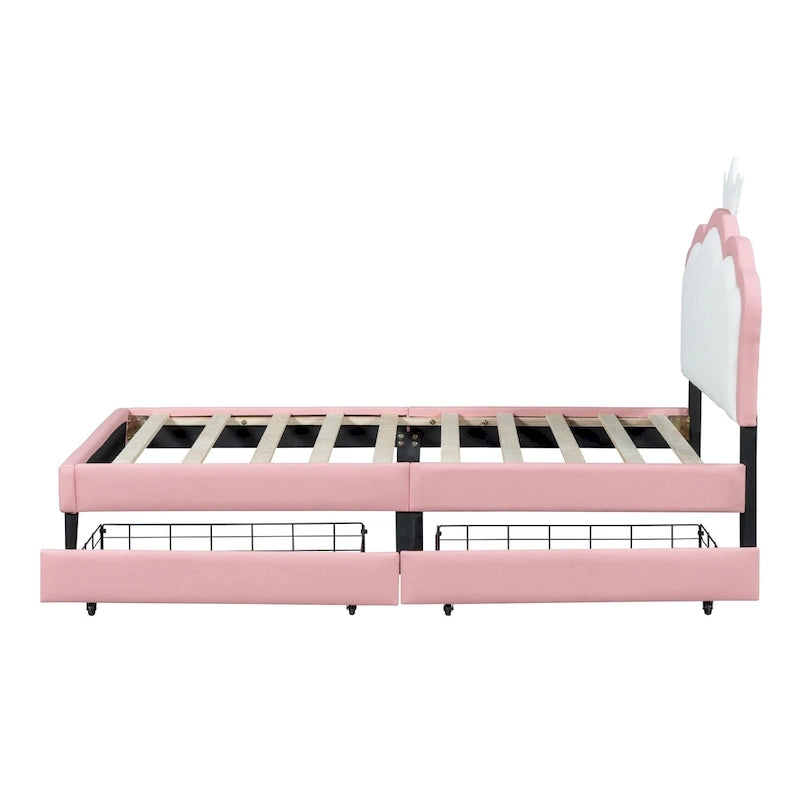 Lit princesse capitonné avec tête de lit en forme de couronne et tiroirs