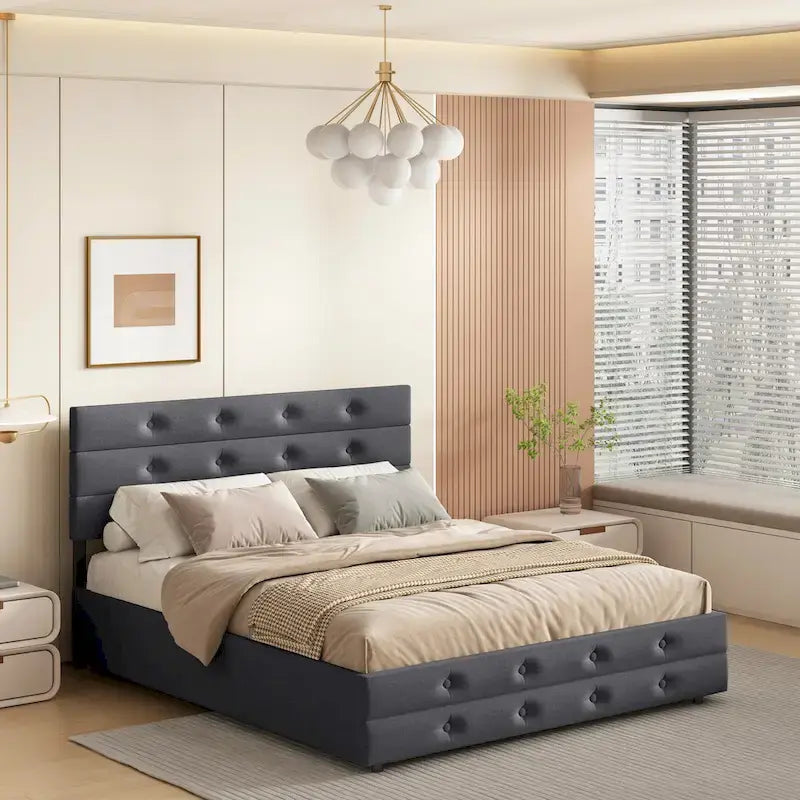 Cadre de lit plateforme capitonné en lin, format Queen, avec 2 tiroirs de rangement et lit gigogne