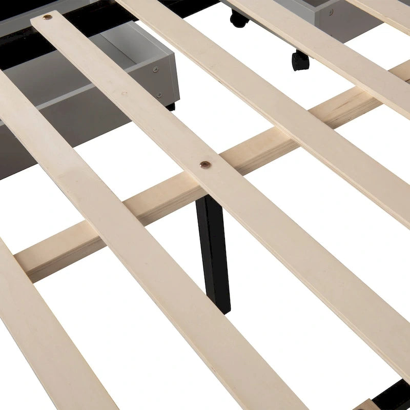 Cadre de lit plateforme capitonné en lin, format Queen, avec 2 tiroirs de rangement et lit gigogne