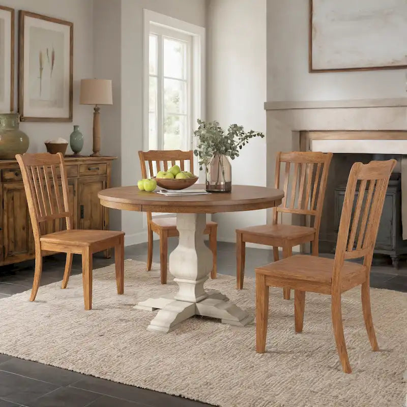 Ensemble de salle à manger Ronda 45 avec plateau rond en bois massif et chaises à dossier à fuseaux