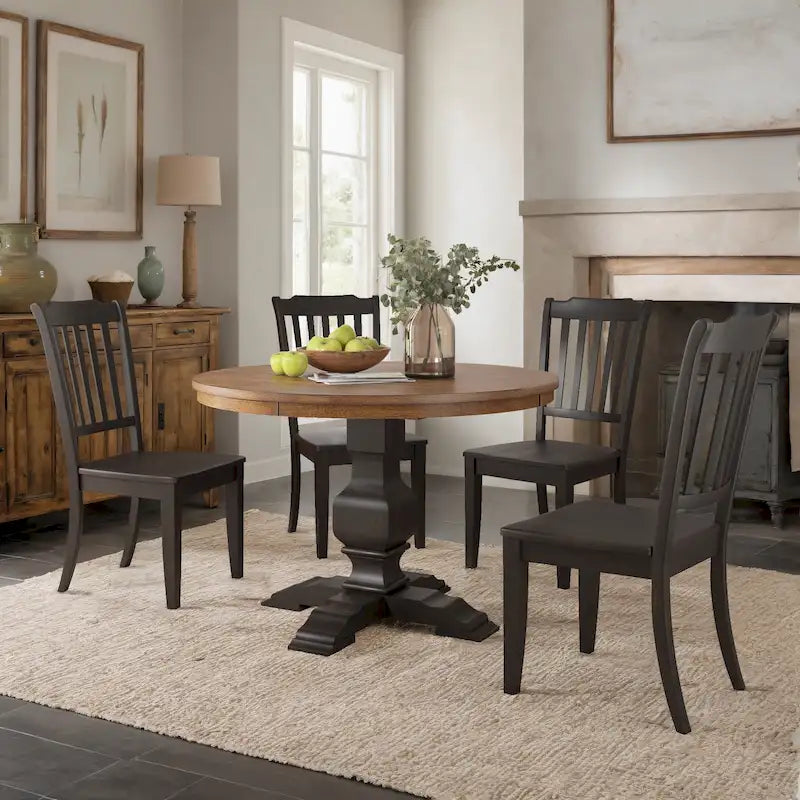 Ensemble de salle à manger Ronda 45 avec plateau rond en bois massif et chaises à dossier à fuseaux