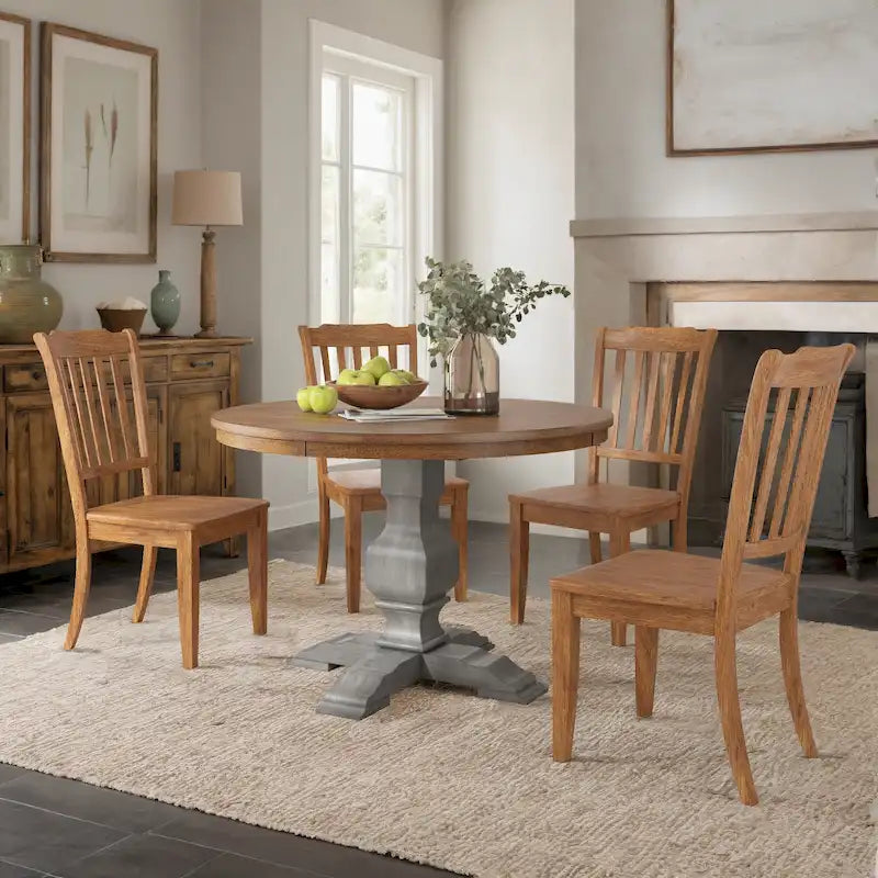 Ensemble de salle à manger Ronda 45 avec plateau rond en bois massif et chaises à dossier à fuseaux