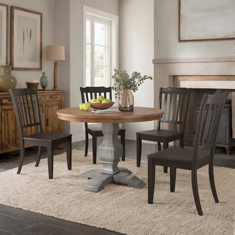 Ensemble de salle à manger Ronda 45 avec plateau rond en bois massif et chaises à dossier à fuseaux