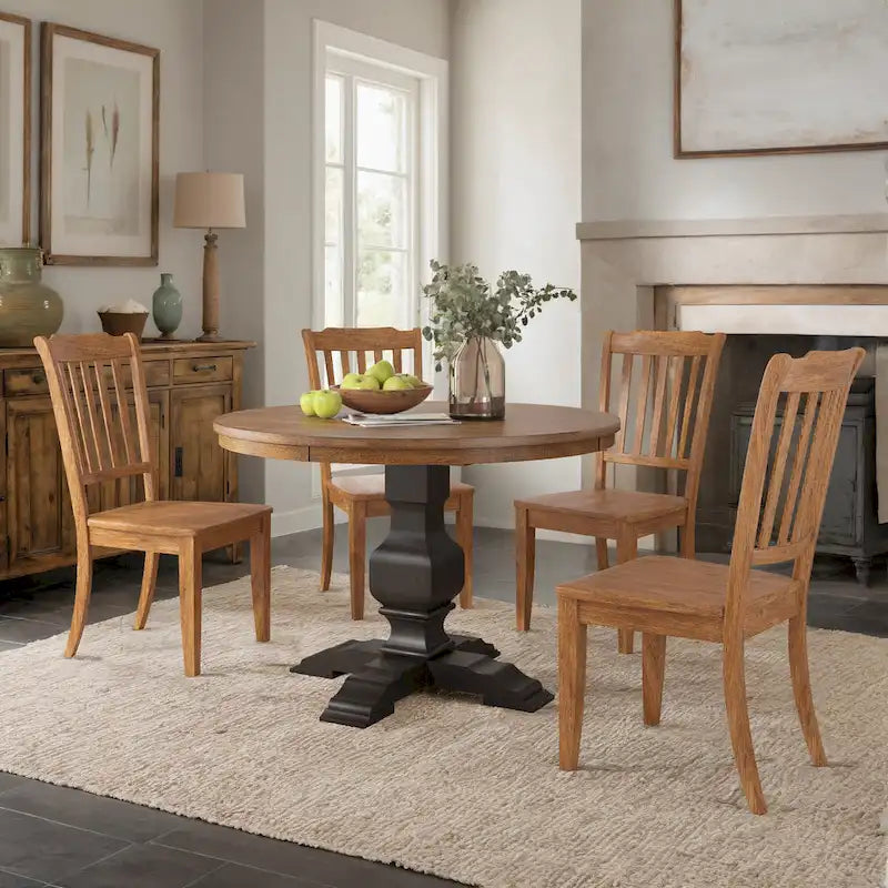 Ensemble de salle à manger Ronda 45 avec plateau rond en bois massif et chaises à dossier à fuseaux