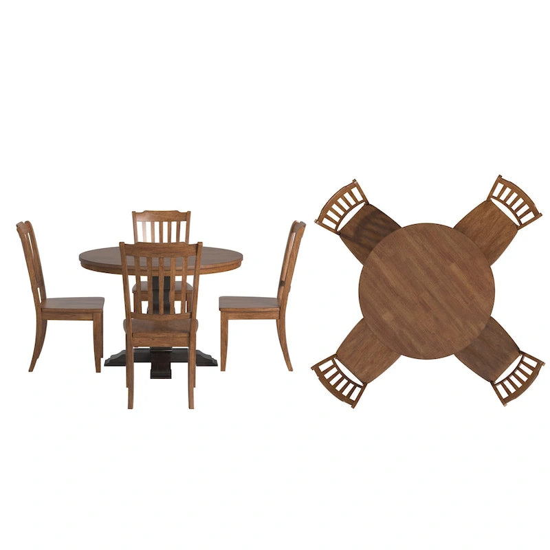 Ensemble de salle à manger Ronda 45 avec plateau rond en bois massif et chaises à dossier à fuseaux