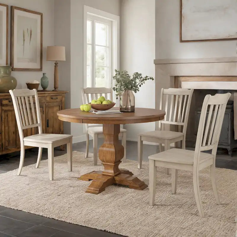 Ensemble de salle à manger Ronda 45 avec plateau rond en bois massif et chaises à dossier à fuseaux