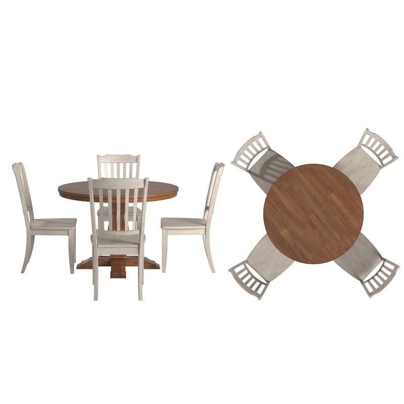 Ensemble de salle à manger Ronda 45 avec plateau rond en bois massif et chaises à dossier à fuseaux