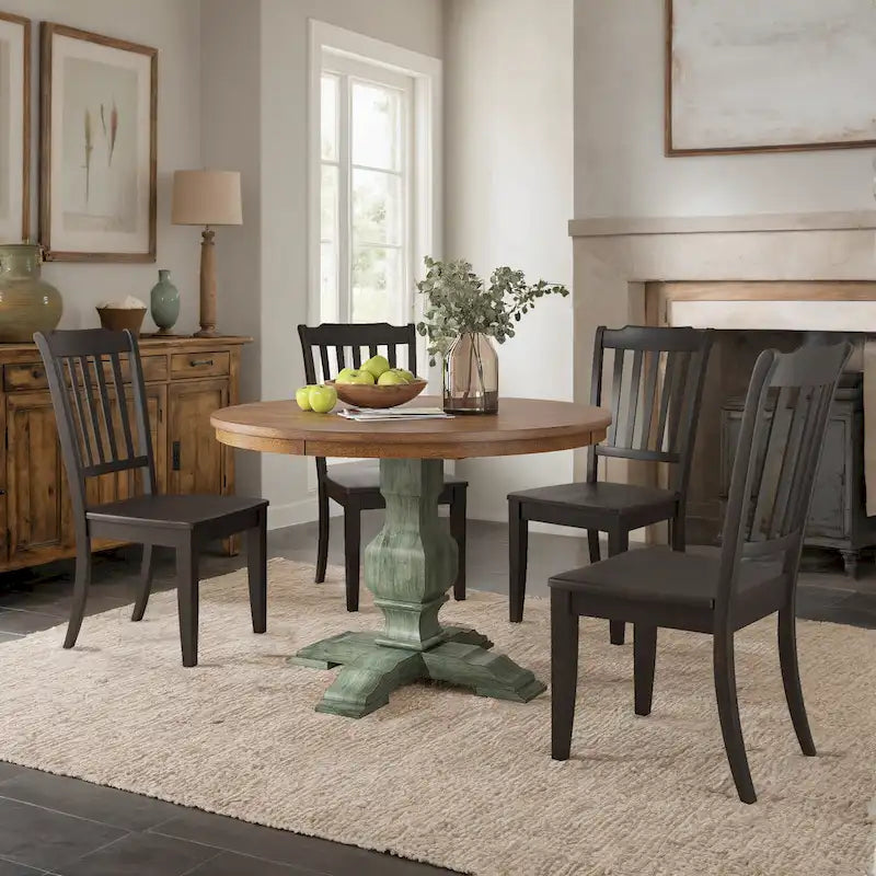 Ensemble de salle à manger Ronda 45 avec plateau rond en bois massif et chaises à dossier à fuseaux
