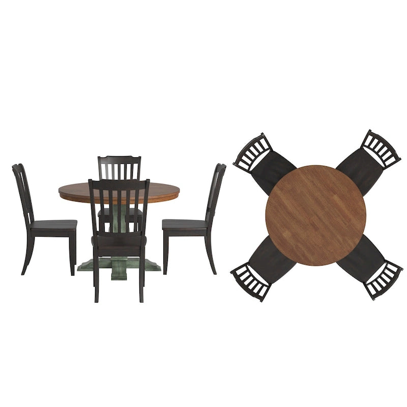 Ensemble de salle à manger Ronda 45 avec plateau rond en bois massif et chaises à dossier à fuseaux