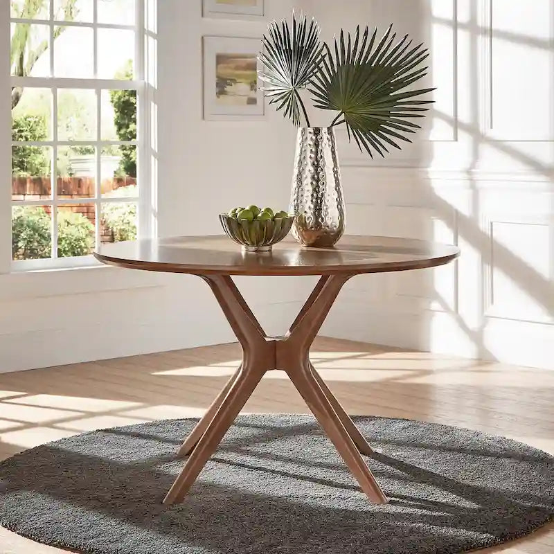 Table de salle à manger ronde Sylvestria, finition noyer, style milieu du siècle