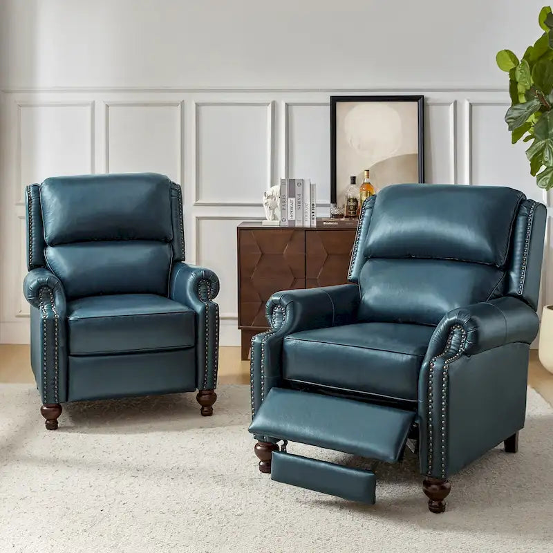 Ensemble de 2 fauteuils inclinables Gabriela en cuir véritable, style moderne du milieu du siècle, ornés de clous décoratifs, par HULALA HOME