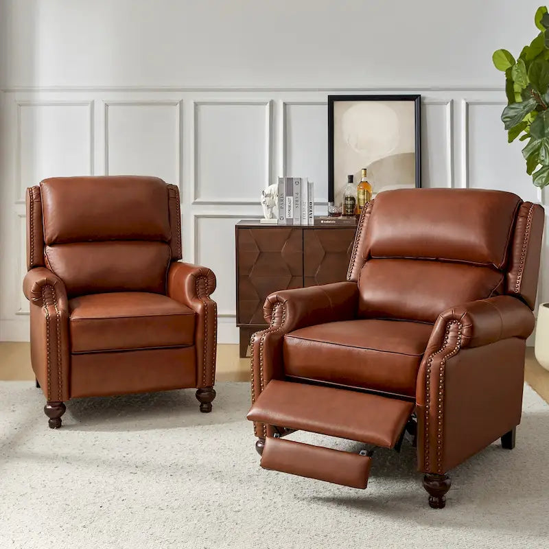 Ensemble de 2 fauteuils inclinables Gabriela en cuir véritable, style moderne du milieu du siècle, ornés de clous décoratifs, par HULALA HOME