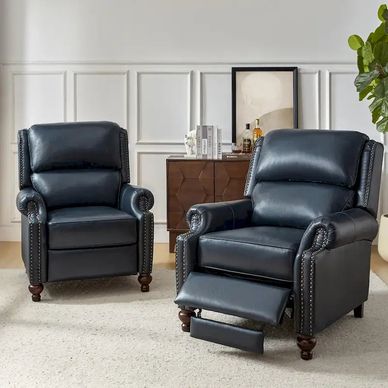 Ensemble de 2 fauteuils inclinables Gabriela en cuir véritable, style moderne du milieu du siècle, ornés de clous décoratifs, par HULALA HOME